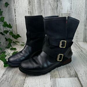 Sorel Women's Major Pull-On Black Leather Mid Calf Snow Boots Size 8